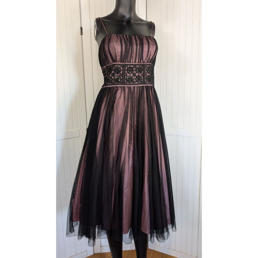 Betsy & Adam Pink Black Tulle Dress XS Spaghetti Strap Beaded Waist Fit & Flare